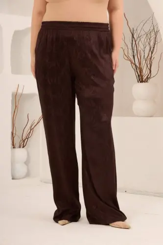 Snake Patterned Elastic Waist Women's Plus Size Wide Leg Trousers Brown - 1