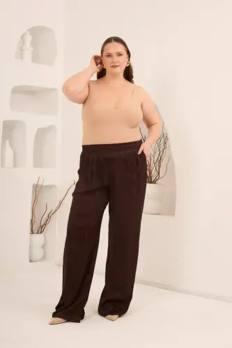 Snake Patterned Elastic Waist Women's Plus Size Wide Leg Trousers Brown - 4