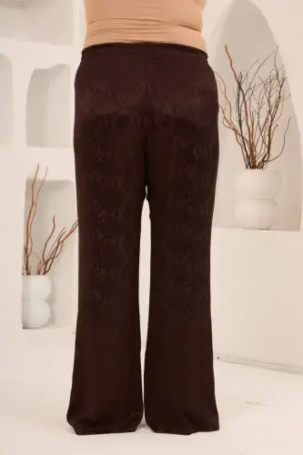 Snake Patterned Elastic Waist Women's Plus Size Wide Leg Trousers Brown - 5