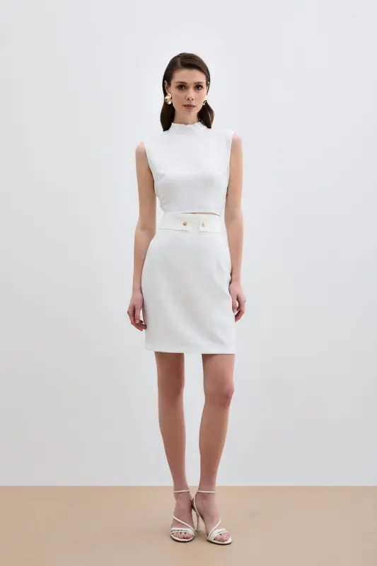 Snap Fastening Mini Skirt - Ecru-ECRU - SATEEN