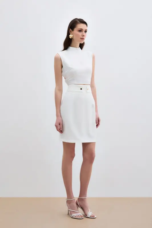 Snap Fastening Mini Skirt - Ecru-ECRU - 2