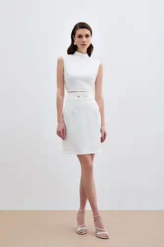 Snap Fastening Mini Skirt - Ecru-ECRU - 3