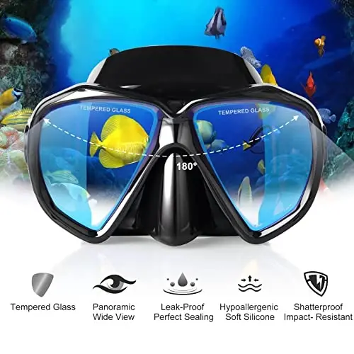 Snorkel Diving Mask Panoramic HD Swim Mask, Anti-Fog Scuba Diving Goggles,Tempered Glass Dive Mask Adult Youth Swim Goggles with Nose Cover for Diving, Snorkeling, Swimming - 4