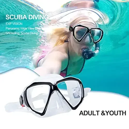 Snorkel Diving Mask Panoramic HD Swim Mask, Anti-Fog Scuba Diving Goggles,Tempered Glass Dive Mask Adult Youth Swim Goggles with Nose Cover for Diving, Snorkeling, Swimming - 5