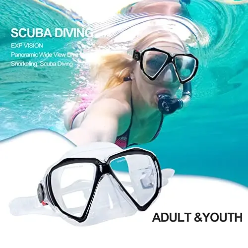 Snorkel Diving Mask Panoramic HD Swim Mask, Anti-Fog Scuba Diving Goggles,Tempered Glass Dive Mask Adult Youth Swim Goggles with Nose Cover for Diving, Snorkeling, Swimming - 5