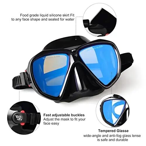 Snorkel Diving Mask Panoramic HD Swim Mask, Anti-Fog Scuba Diving Goggles,Tempered Glass Dive Mask Adult Youth Swim Goggles with Nose Cover for Diving, Snorkeling, Swimming - EXP VISION (1)