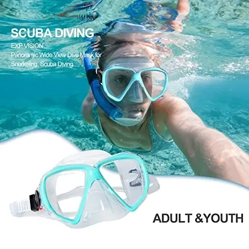 Snorkel Diving Mask Panoramic HD Swim Mask, Anti-Fog Scuba Diving Goggles,Tempered Glass Dive Mask Adult Youth Swim Goggles with Nose Cover for Diving, Snorkeling, Swimming - 5