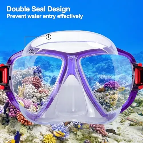 Snorkel Diving Mask Panoramic HD Swim Mask, Anti-Fog Scuba Diving Goggles,Tempered Glass Dive Mask Adult Youth Swim Goggles with Nose Cover for Diving, Snorkeling, Swimming - 4