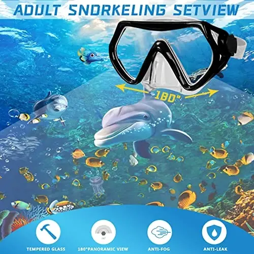 Snorkeling Gear for Adults, Diving Snorkel Mask Set, Snorkle Top Dry Valve | Scuba mask Set , Panoramic Wide View Anti-Fog Dive mask, Swimming Diving Snorkeling Packages - 3