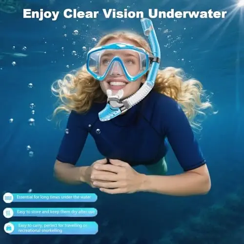 Snorkeling Gear for Adults,Dry-Top Snorkel Set with Tempered Glass,Anti-Fog & Anti-Leak Panoramic Swim Mask, Adjustable Snorkel Kit with Carry Bag for Scuba Diving, Swimming,Travel - 3