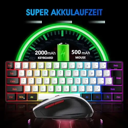 Snpurdiri 2.4G Wireless Gaming Keyboard and Mouse Combo, Include Mini 60% Merchanical Feel RGB Backlit Keyboard, Ergonomic Vertical Feel Small Wireless Mouse(Black and White) - 3