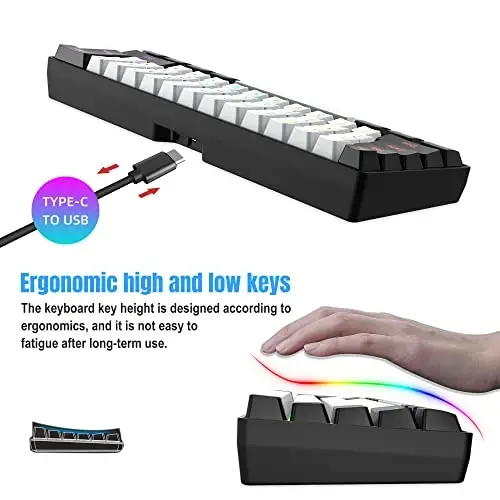 Snpurdiri 2.4G Wireless Gaming Keyboard and Mouse Combo, Include Mini 60% Merchanical Feel RGB Backlit Keyboard, Ergonomic Vertical Feel Small Wireless Mouse(Black and White) - 4