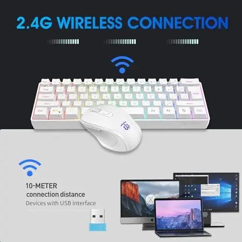 Snpurdiri 2.4G Wireless Gaming Keyboard and Mouse Combo, Include Small 60% Merchanical Feel Ergonomic Design Mini Wireless Mouse(White) - 2