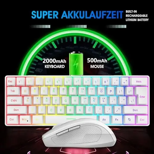 Snpurdiri 2.4G Wireless Gaming Keyboard and Mouse Combo, Include Small 60% Merchanical Feel Ergonomic Design Mini Wireless Mouse(White) - 3