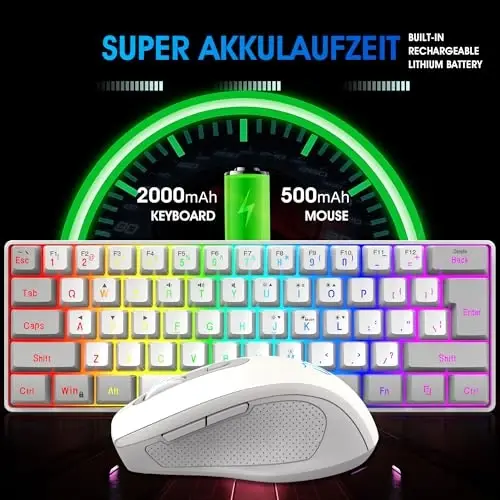 Snpurdiri 2.4G simsiz oʻyin klaviatura va sichqoncha kombinatsiyasi, Mini 60% mexanik RGB yoritgichli klaviatura, Ergonomik vertikal kichik simsiz sichqoncha (kulrang va oq) - 3