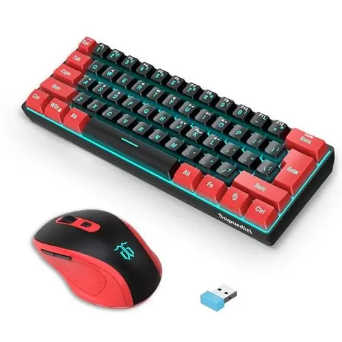 Snpurdiri 2.4G simsiz o'yin klaviatura va sichqoncha to'plami, Mini 60% mexanik klaviatura, Ergonomik vertikal kichik simsiz sichqoncha (Qizil va Qora) - 1