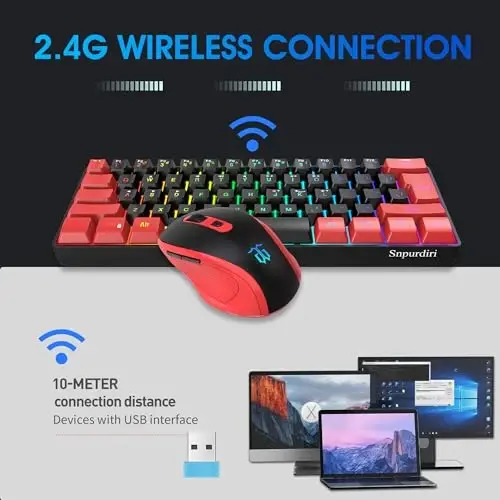 Snpurdiri 2.4G simsiz o'yin klaviatura va sichqoncha to'plami, Mini 60% mexanik klaviatura, Ergonomik vertikal kichik simsiz sichqoncha (Qizil va Qora) - 2