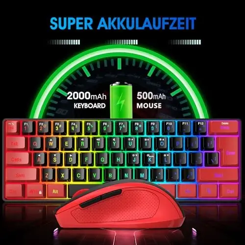 Snpurdiri 2.4G simsiz o'yin klaviatura va sichqoncha to'plami, Mini 60% mexanik klaviatura, Ergonomik vertikal kichik simsiz sichqoncha (Qizil va Qora) - 3