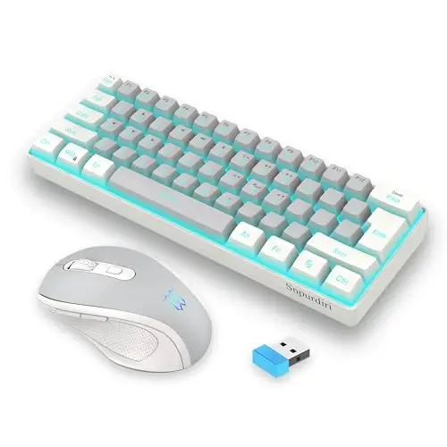 Snpurdiri 2.4G simsiz o'yin klaviatura va sichqoncha to'plami, Mini 60% mexanik RGB yoritgichli klaviatura, Ergonomik vertikal kichik simsiz sichqoncha (Oq va kulrang) 