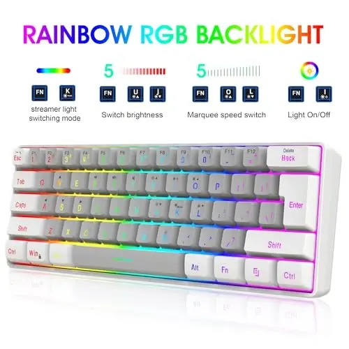 Snpurdiri 2.4G simsiz o'yin klaviatura va sichqoncha to'plami, Mini 60% mexanik RGB yoritgichli klaviatura, Ergonomik vertikal kichik simsiz sichqoncha (Oq va kulrang) - 2