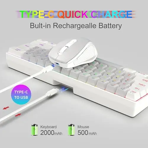 Snpurdiri 2.4G simsiz o'yin klaviatura va sichqoncha to'plami, Mini 60% mexanik RGB yoritgichli klaviatura, Ergonomik vertikal kichik simsiz sichqoncha (Oq va kulrang) - 4