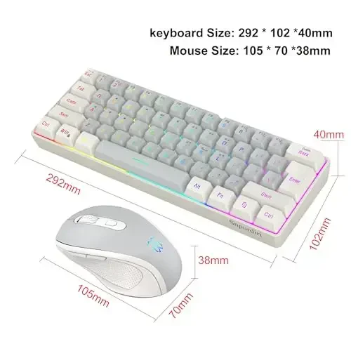 Snpurdiri 2.4G simsiz o'yin klaviatura va sichqoncha to'plami, Mini 60% mexanik RGB yoritgichli klaviatura, Ergonomik vertikal kichik simsiz sichqoncha (Oq va kulrang) - 6