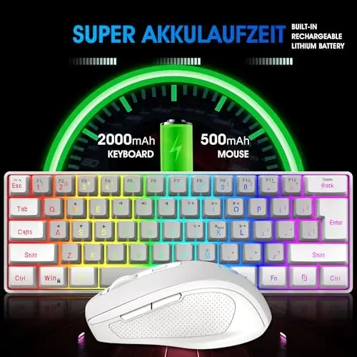 Snpurdiri 2.4G simsiz o'yin klaviatura va sichqoncha to'plami, Mini 60% mexanik RGB yoritgichli klaviatura, Ergonomik vertikal kichik simsiz sichqoncha (Oq va kulrang) - 3