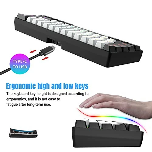Snpurdiri 2.4G Simsiz O'yin Klaviaturasi va Sichqoncha Kombisi, Mini 60% Mexanik Hisli RGB Orqa Yoritilgan Klaviatura, Ergonomik Vertikal Hisli Kichik Simsiz Sichqoncha (Qora va Oq) - 4