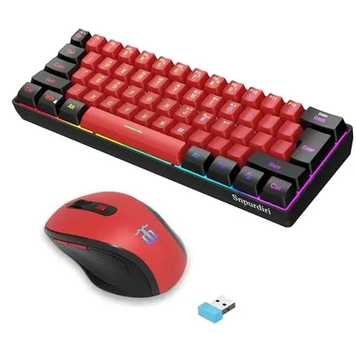 Snpurdiri 2.4G simsiz o'yin klaviaturasi va sichqoncha to'plami, 60 foiz simsiz klaviatura va ergonomik vertikal kichik sichqoncha (qora va qizil) - 1