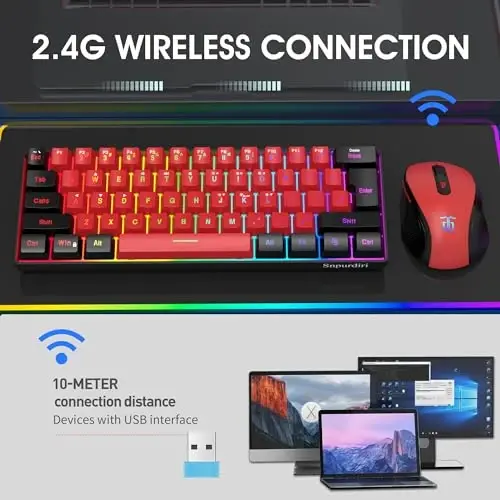 Snpurdiri 2.4G simsiz o'yin klaviaturasi va sichqoncha to'plami, 60 foiz simsiz klaviatura va ergonomik vertikal kichik sichqoncha (qora va qizil) - 2