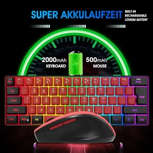 Snpurdiri 2.4G simsiz o'yin klaviaturasi va sichqoncha to'plami, 60 foiz simsiz klaviatura va ergonomik vertikal kichik sichqoncha (qora va qizil) - 3