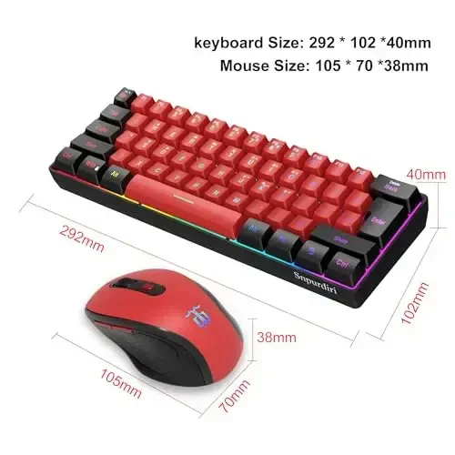 Snpurdiri 2.4G simsiz o'yin klaviaturasi va sichqoncha to'plami, 60 foiz simsiz klaviatura va ergonomik vertikal kichik sichqoncha (qora va qizil) - 6