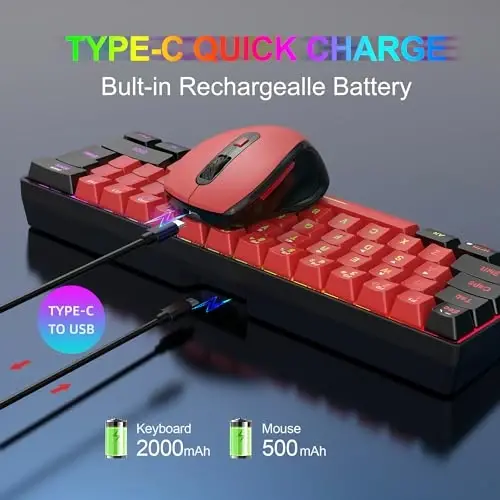 Snpurdiri 2.4G simsiz o'yin klaviaturasi va sichqoncha to'plami, 60 foiz simsiz klaviatura va ergonomik vertikal kichik sichqoncha (qora va qizil) - 4