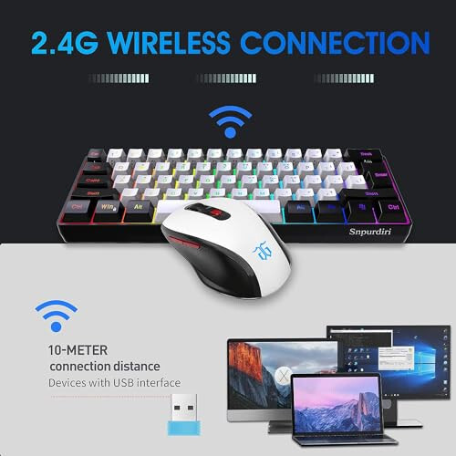 Snpurdiri 2.4G Wireless Gaming Keyboard and Mouse Combo, Include Mini 60% Mechanical Feel RGB Backlit Keyboard, Ergonomic Vertical Feel Small Wireless Mouse (Black and White) - 2