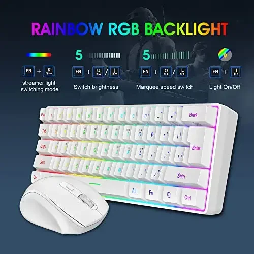 Snpurdiri 2.4G Wireless Gaming Keyboard and Mouse Combo, Include Small 60% Merchanical Feel Ergonomic Design Mini Wireless Mouse(White) - 4