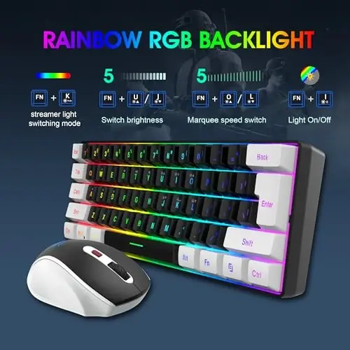 Snpurdiri 2.4G Wireless Gaming Keyboard and Mouse Combo, Include Small 60% Merchanical Feel Keyboard, Ergonomic Design Mini Wireless Mouse(White and Black) - 4