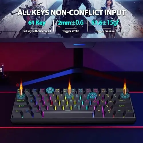 Snpurdiri 60% Gasket simli mexanik oʻyin klaviaturasi, RGB yoritgichli 61 tugmali mini oʻyin klaviaturasi (qora, qizil kalitlar) - 5