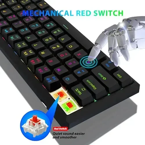 Snpurdiri 60% Gasket simli mexanik oʻyin klaviaturasi, RGB yoritgichli 61 tugmali mini oʻyin klaviaturasi (qora, qizil kalitlar) - 4