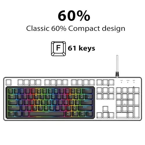Snpurdiri 60% Gasket simli mexanik oʻyin klaviaturasi, RGB yoritgichli 61 tugmali mini oʻyin klaviaturasi (qora, qizil kalitlar) - 3