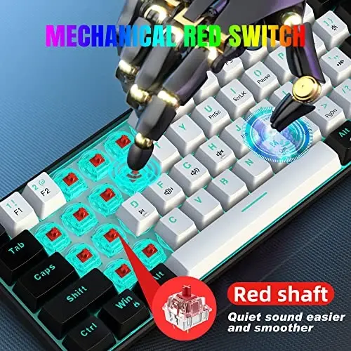 Snpurdiri 60% Wired Mechanical Gaming Keyboard, Ice Blue LED Backlit 61 Keys Mini Wired Office Keyboard for Windows Laptop PC Mac (Black-White, Red Switches) - SNPURDIRI (1)