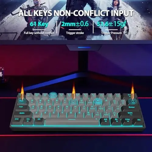 Snpurdiri 60% Wired Mechanical Gaming Keyboard, Ice Blue LED Backlit 61 Keys Mini Wired Office Keyboard for Windows Laptop PC Mac (Black-Grey, Red Switches) - 5