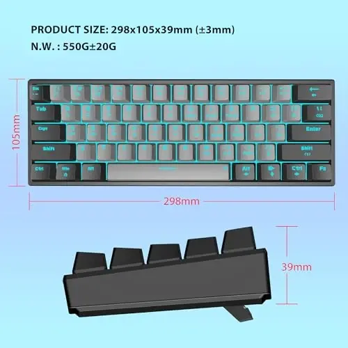 Snpurdiri 60% Wired Mechanical Gaming Keyboard, Ice Blue LED Backlit 61 Keys Mini Wired Office Keyboard for Windows Laptop PC Mac (Black-Grey, Red Switches) - 7