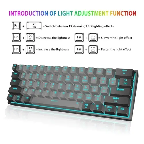 Snpurdiri 60% Wired Mechanical Gaming Keyboard, Ice Blue LED Backlit 61 Keys Mini Wired Office Keyboard for Windows Laptop PC Mac (Black-Grey, Red Switches) - 3