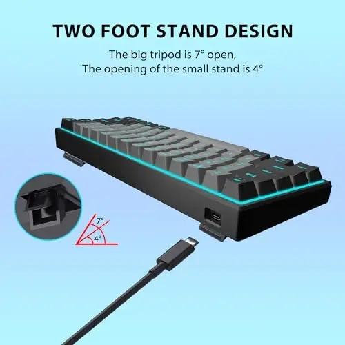 Snpurdiri 60% Wired Mechanical Gaming Keyboard, Ice Blue LED Backlit 61 Keys Mini Wired Office Keyboard for Windows Laptop PC Mac (Black-Grey, Red Switches) - 6