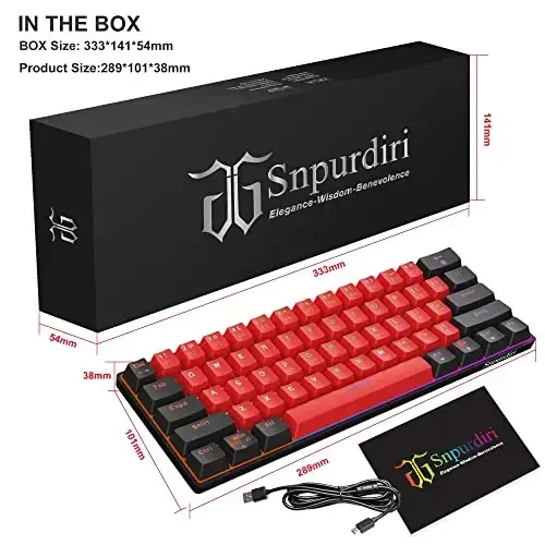 Snpurdiri 60% Wired Mechanical Gaming Keyboard, LED Backlit 60 Percent Gaming Keyboard for Windows Laptop PC Mac (Black-Red, Blue Switches) - 6