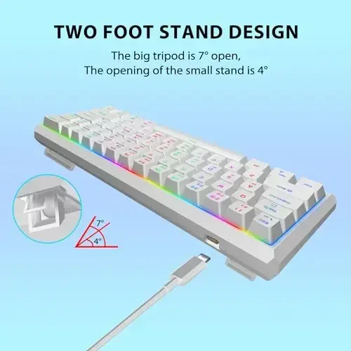 Snpurdiri 60% Wired Mechanical Gaming Keyboard, RGB Backlit 61 Keys Small Gaming Keyboard (White, Red Switches) - 4