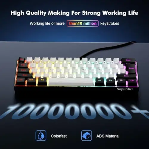 Snpurdiri 60% Wired Gaming Keyboard, 61 Keys RGB Backlit Ultra-Compact Small Gaming Keyboard, for PC/Mac Gamer, Typist, Travel, Easy to Carry on Business Trip(Black-White) - 4