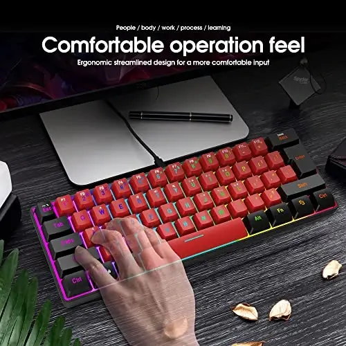 Snpurdiri 60% Wired Gaming Keyboard,True RGB Small Compact 61 Keys Mini Keyboard for PC/Mac Gamer, Typist, Travel, Easy to Carry on Business Trip(Black-Red) - 6