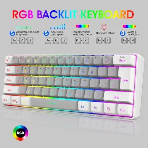 Snpurdiri 60% Wired Gaming Keyboard, SmallUltra-Compact 61 Keys RGB Backlit 60 Percent Gaming Keyboard for PC/Mac Gamer, Typist, Travel, Easy to Carry on Business Trip(White-Grey) - SNPURDIRI (1)
