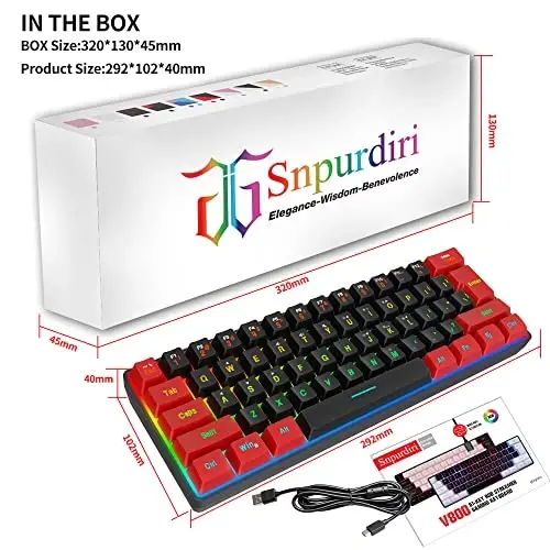Snpurdiri 60% Wired Gaming Keyboard, Ultra-Compact RGB Backlit Small Gaming Keyboard for PC Computer Gamer (Red and Black) - 5